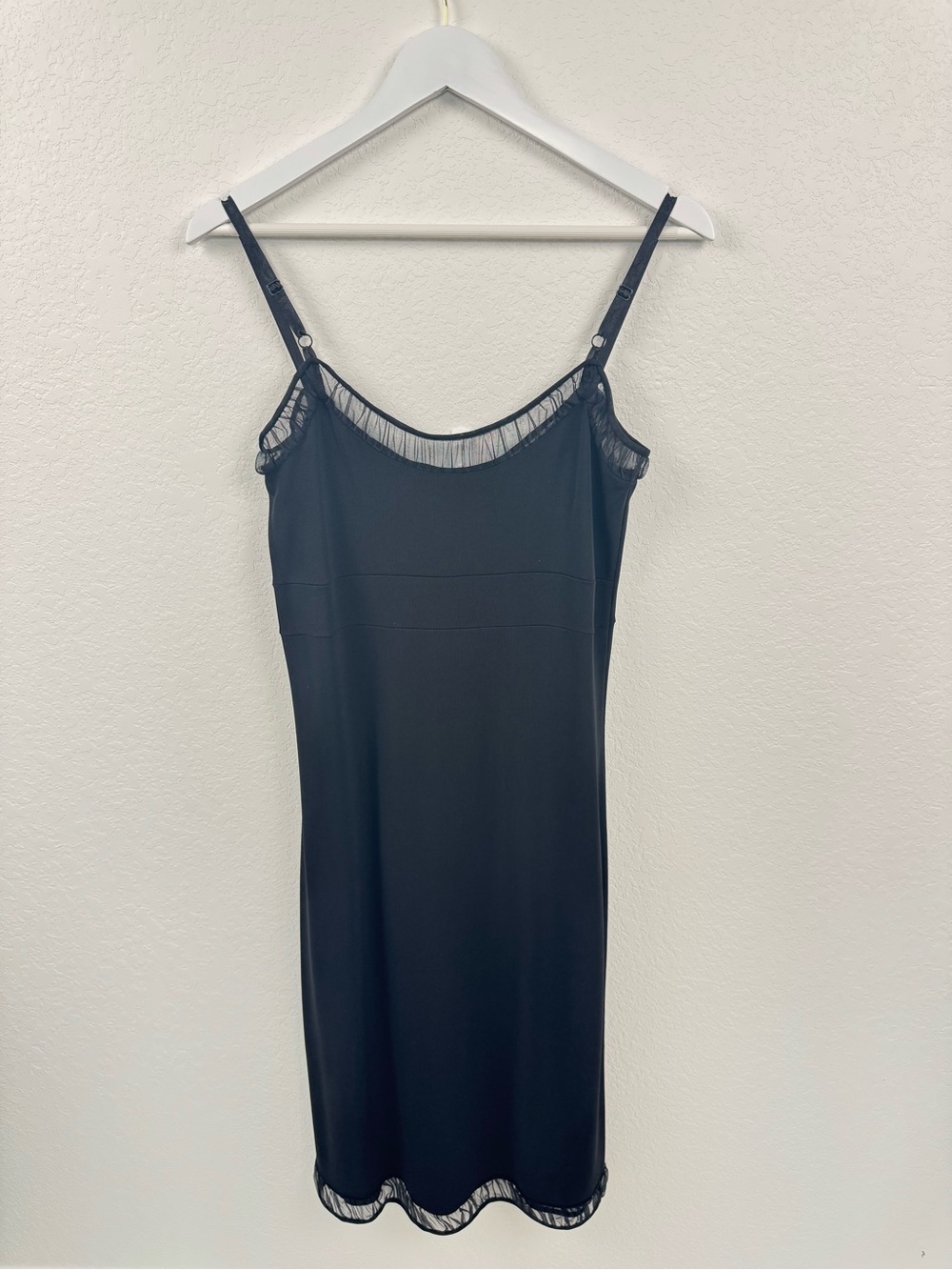 DKNY Black Slip Dress with Sheer Fringe Trim